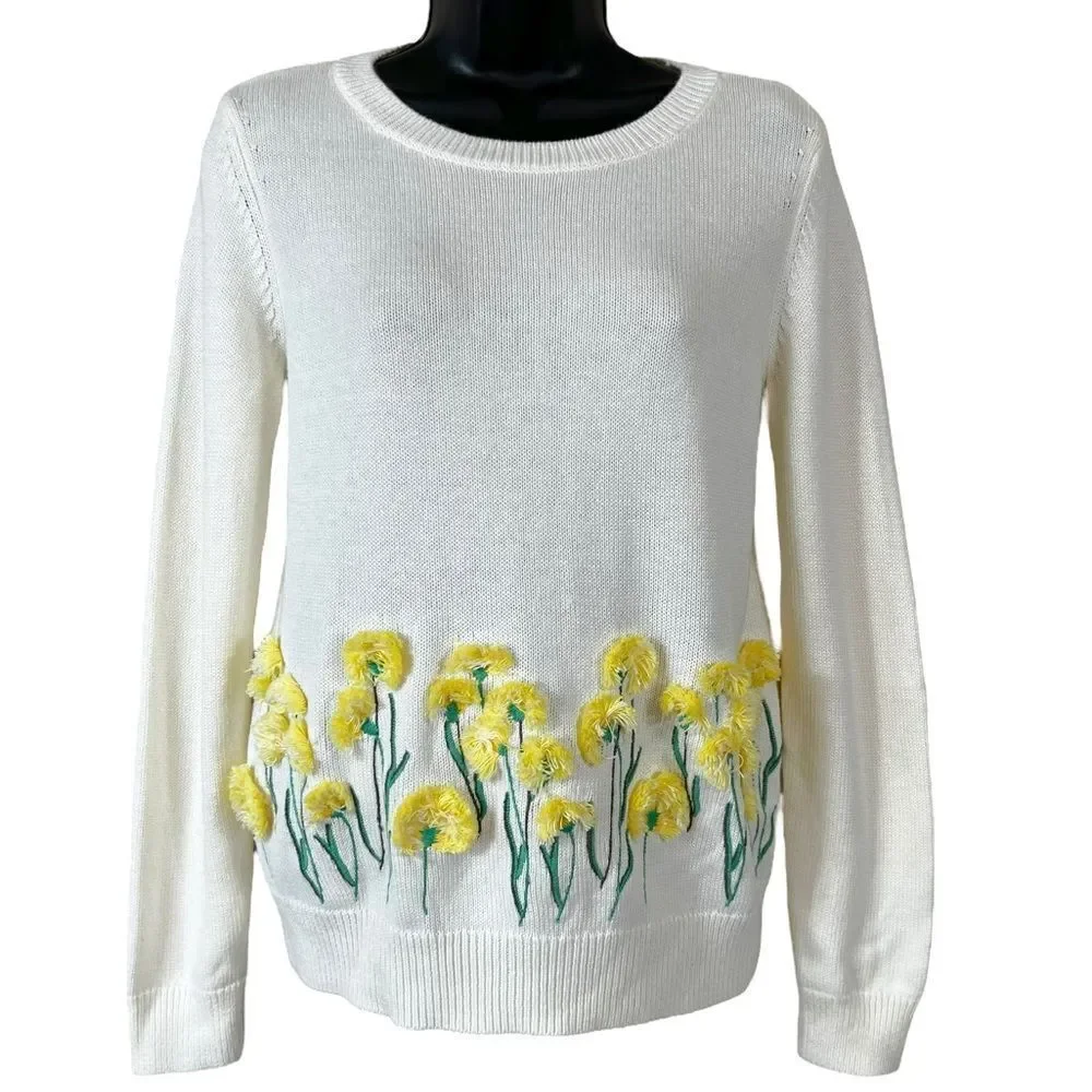 Talbots Ivory Yellow Floral Embroidered Sweater